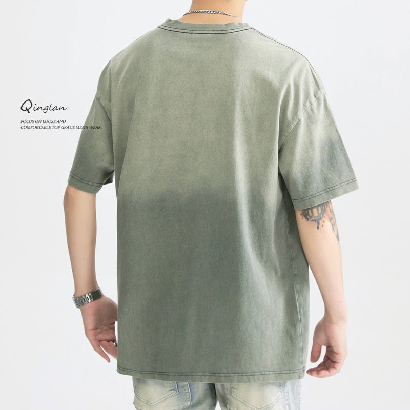 Summer American-Style Washed Old Gradient Green Men'S Short-Sleeved T-Shirt Men'S High Street Round Neck Loose Trendy Brand Short T-Shirt - Image 5