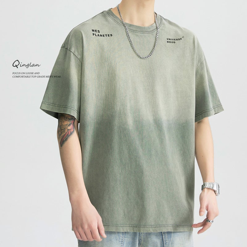 Summer American-Style Washed Old Gradient Green Men'S Short-Sleeved T-Shirt Men'S High Street Round Neck Loose Trendy Brand Short T-Shirt - Image 4