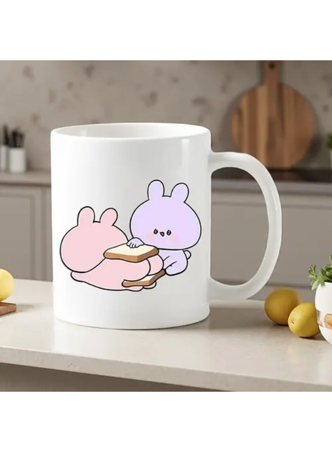 RYN كوب ساندويتش أرنب كرتوني لطيف - كوب سفر سيراميك قابل لإعادة الاستخدام بتصميم مرح، كوب قهوة أبيض للاستخدام في المكتب، المدرسة، المنزل - هدية مثالية ليوم الأم، التخرج، عيد الأضحى - Image 1