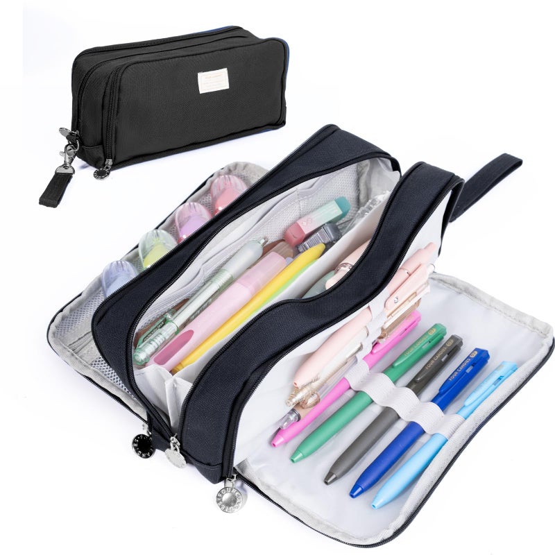 Four Candies Black Pencil Case 3 Compartment Pouch, Large Pencil Pouch for School, Girls, Teen Boys, Women, Black, Removable Handle & Zipper, Cute Pencil Bag for Office, College - Image 1
