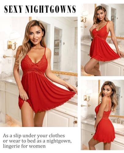 Avidlove Sexy Sleepwear Womens Chemise Nightgown Full Slip Lace Lounge Dress (Red, L) - Image 3