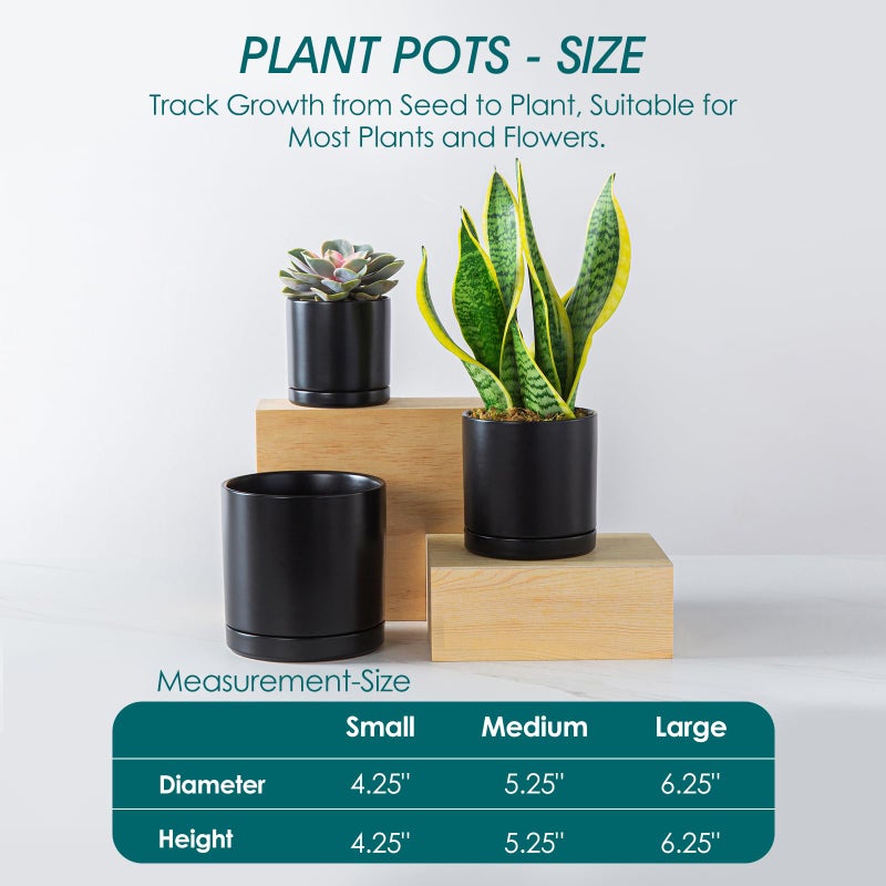 vancasso Ceramic Plant Pots, 3 Piece Planters for Indoor Plants, 4.25+5.25+6.25 Inch Flower Pots with Drainage, Plant Pots Indoor for Succulent, Pothos, Snake Plant and Money Tree, Etc (Black) - Image 2