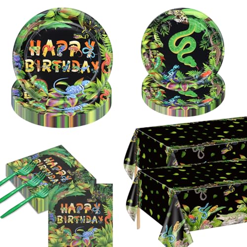 PTECDROTS 162Pcs Reptile Party Decorations Plates Including Reptile Birthday Decorations Plates Napkins Wildlife Tablecloth for Jungle Safari Lizard Swamp Birthday Party Supplies Serve 40 - Image 1