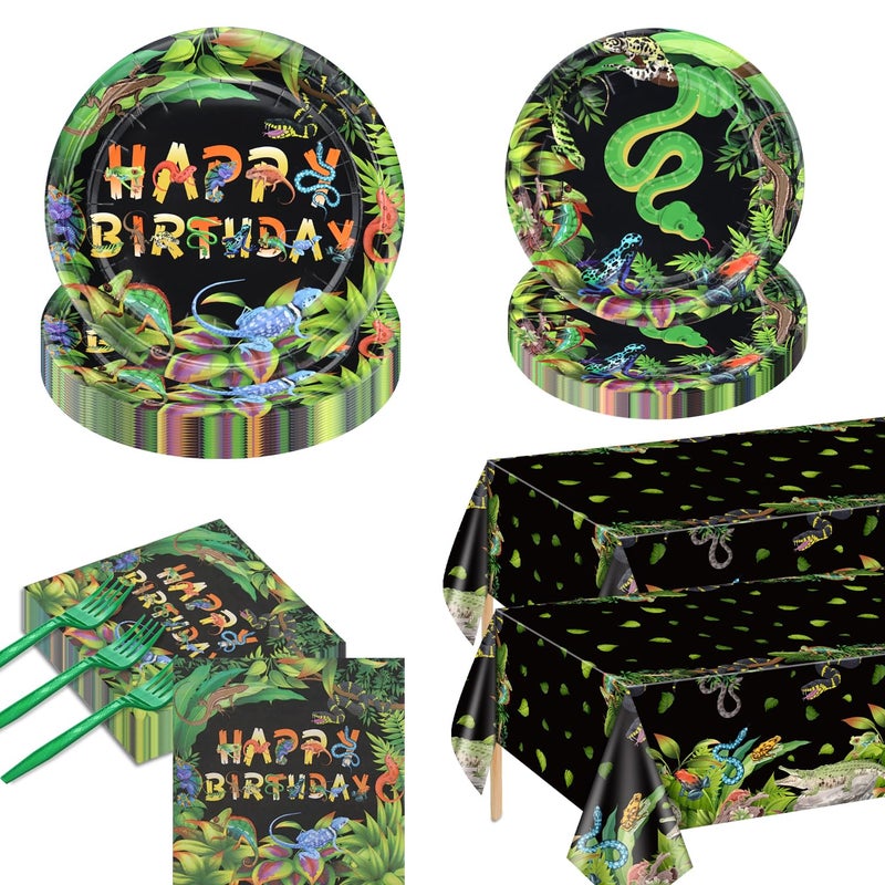 PTECDROTS 162Pcs Reptile Party Decorations Plates Including Reptile Birthday Decorations Plates Napkins Wildlife Tablecloth for Jungle Safari Lizard Swamp Birthday Party Supplies Serve 40 - Image 3