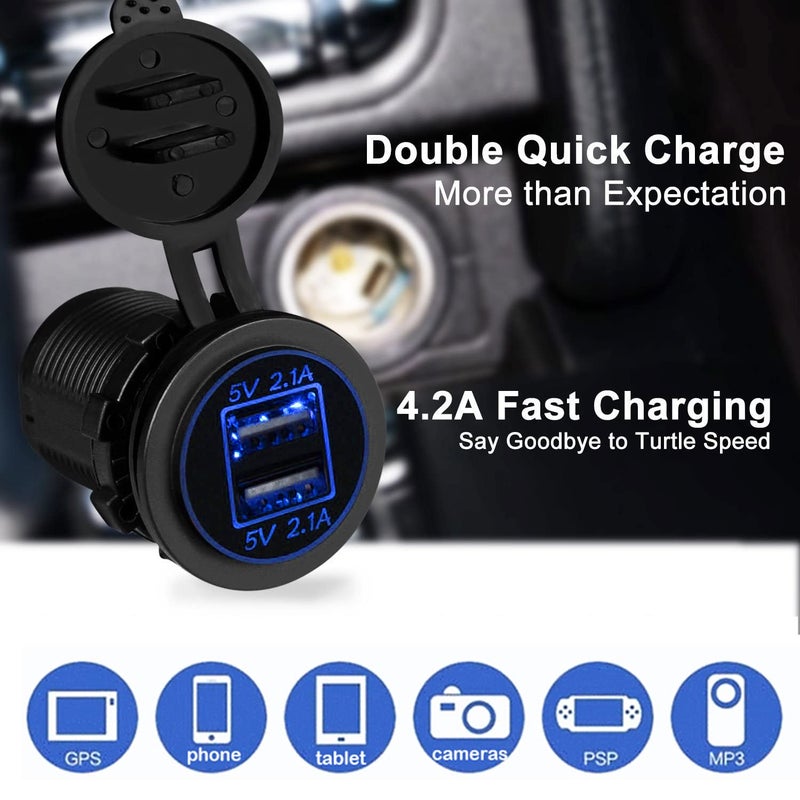 WYMECT 5 Pack 12V USB Outlet, Dual USB Quick Charger Socket Waterproof Power Outlet 12V/24V 2.1A for Car, Boat, RV, and Motorcycle - Image 4