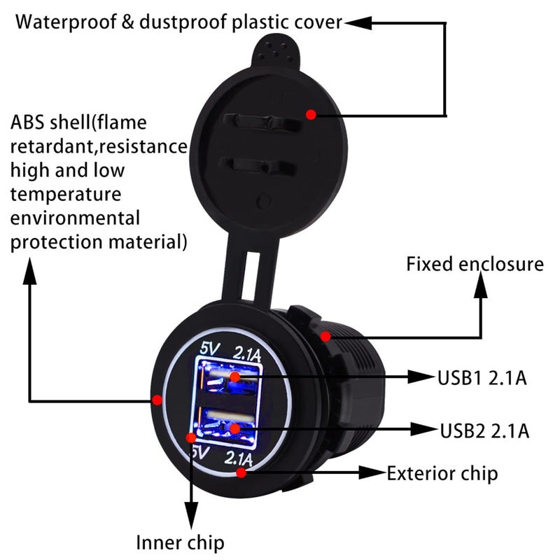 WYMECT 5 Pack 12V USB Outlet, Dual USB Quick Charger Socket Waterproof Power Outlet 12V/24V 2.1A for Car, Boat, RV, and Motorcycle - Image 3