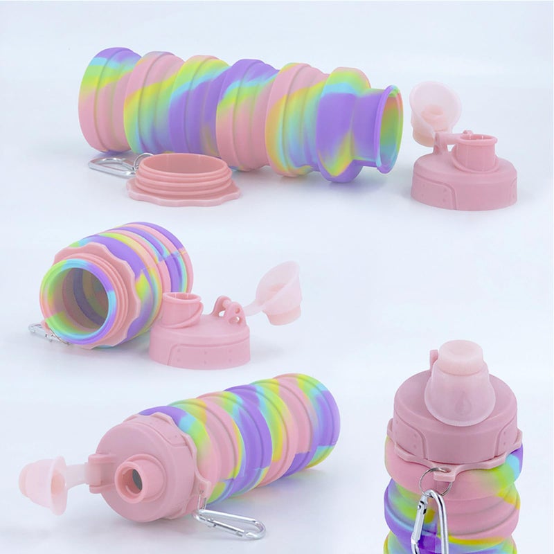 YCTMALL Collapsible Water Bottles Two Pack Travel Sports Portable Sport Water Bottle comes with mountaineering Buckle 500ml silicone Water-proof camping water bottle (Pink camouflage+Pink camouflage) - Image 4