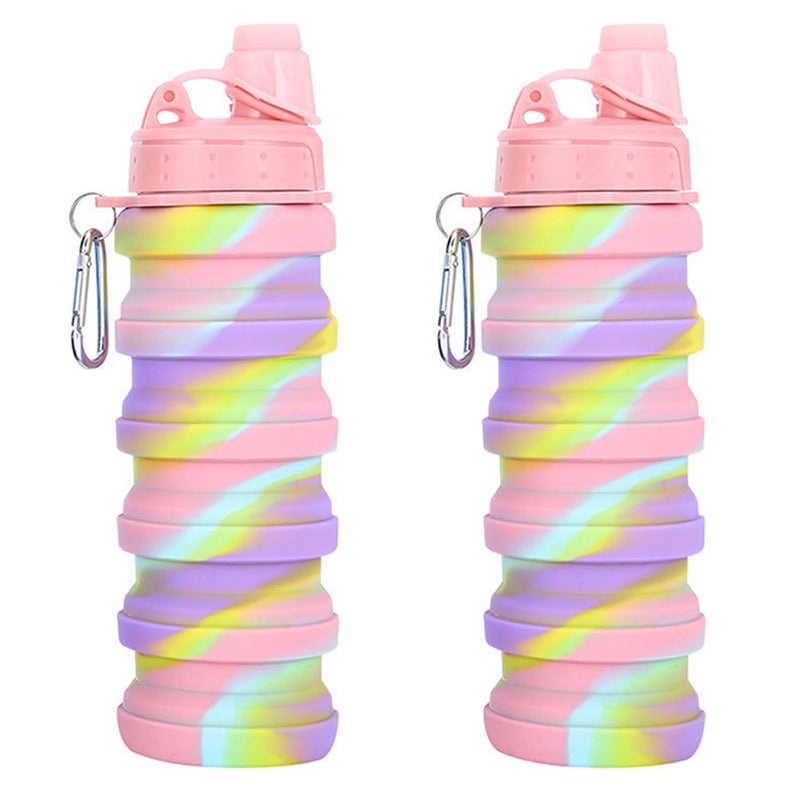 YCTMALL Collapsible Water Bottles Two Pack Travel Sports Portable Sport Water Bottle comes with mountaineering Buckle 500ml silicone Water-proof camping water bottle (Pink camouflage+Pink camouflage) - Image 1