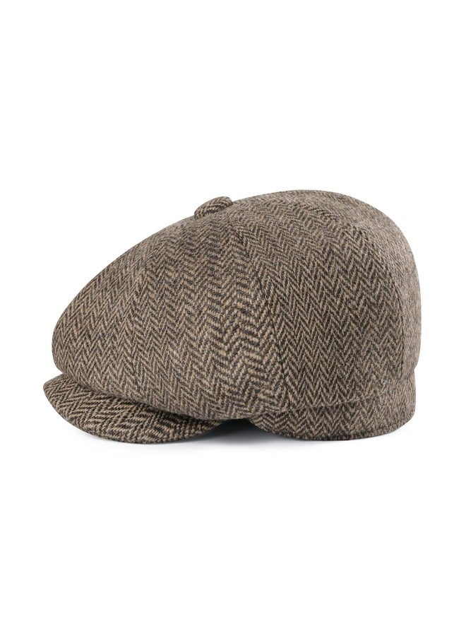 FEINION Men's Wool Newsboy Cap 8 Panel Ivy Tweed Cabbie Flat Hat Baker Boy Cap, Herringbone Khaki, 7 1/4 - Image 3