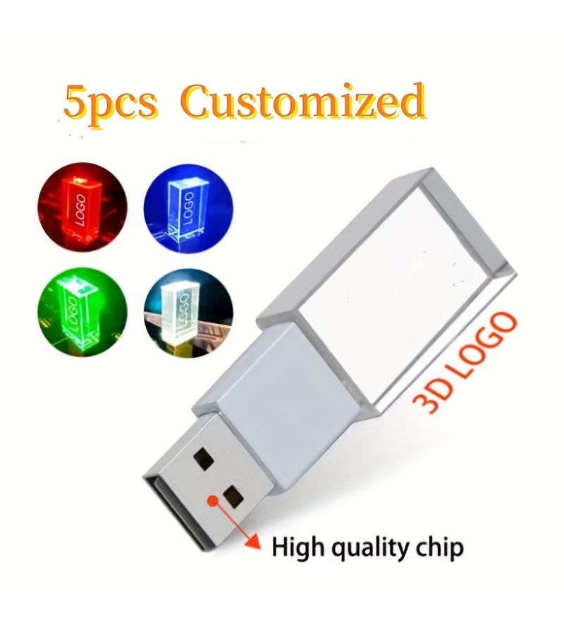Clear 5Pcs Rose Golden White LED Crystal USB Flash Drive 8GB Custom Logo Glass Memory Stick Wedding Gift High Quality Business Storage - Image 1