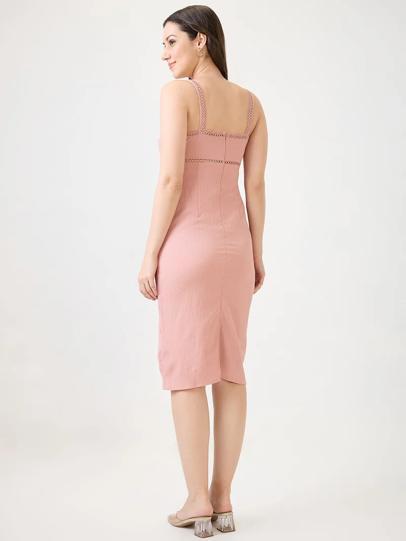 globus Women Pink Self Design Strappy Shoulder Lace Inserts Back Slit Bodycon Midi Party Dress