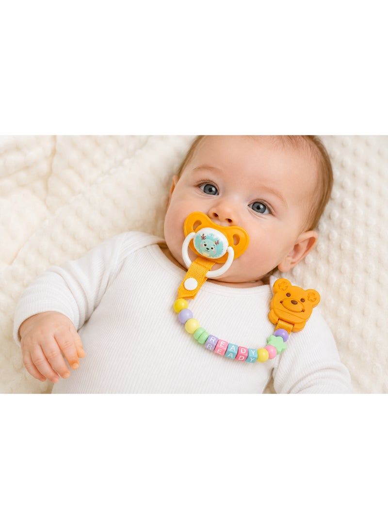 BAMBINI Premium Baby Silicone Pacifier with Beaded Clip Chain & Protective Cover, Orange, 0+ Months - Image 1