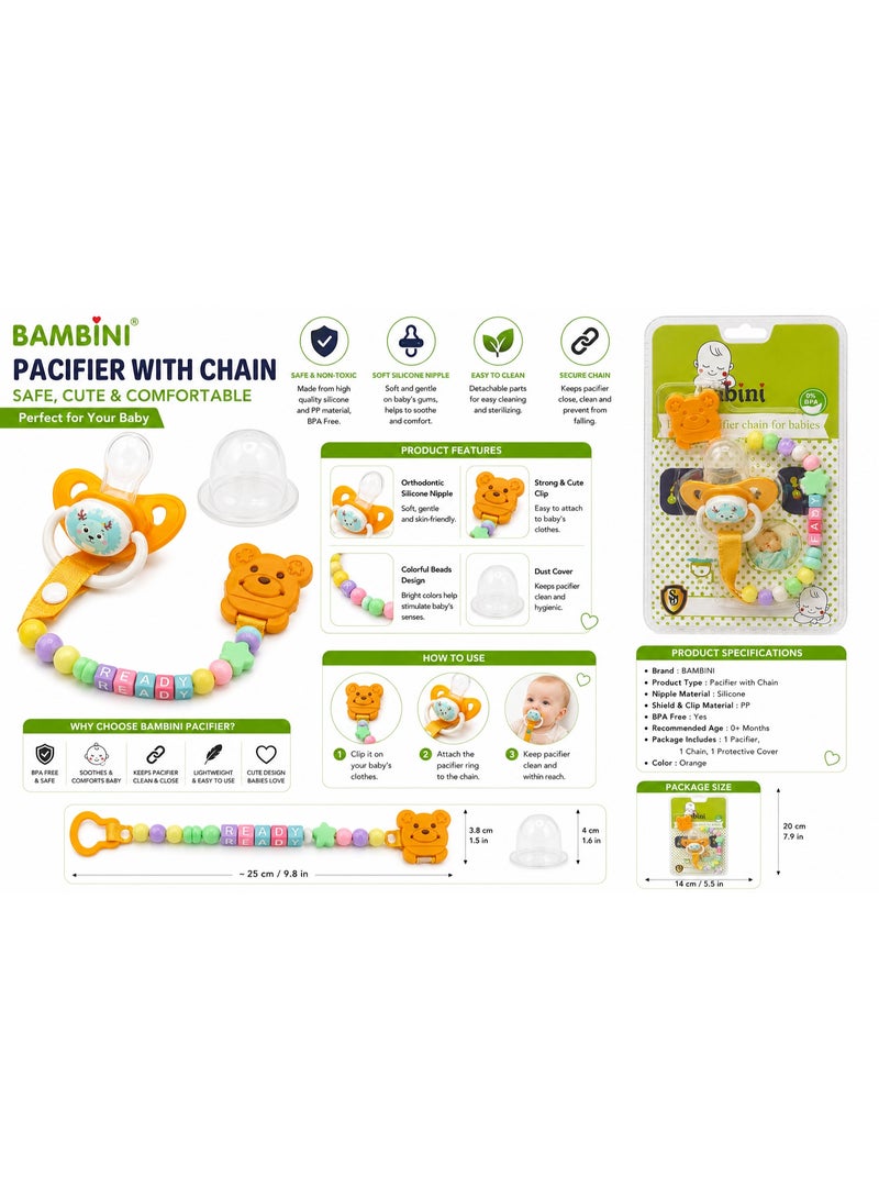 BAMBINI Premium Baby Silicone Pacifier with Beaded Clip Chain & Protective Cover, Orange, 0+ Months - Image 3