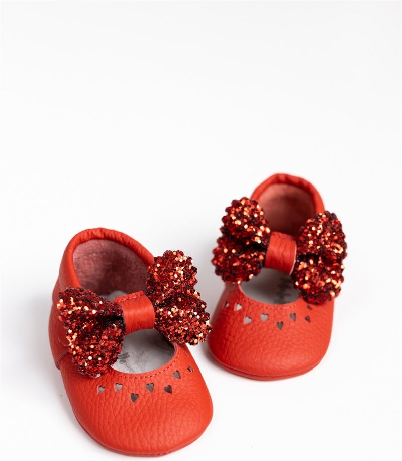 Le mabelle Red Sequined Bow Leather Baby Girl Moccasins - Image 1