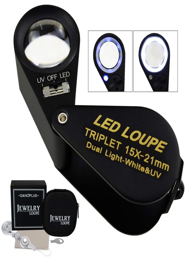 DANOPLUS 15x Magnifier Jewelry Loupe LED UV 21mm Triplet Lens Optical Glass Pocket Gem Magnifying Tool Jeweler, Stamp Philatelist, Coin Numismatic - Image 1