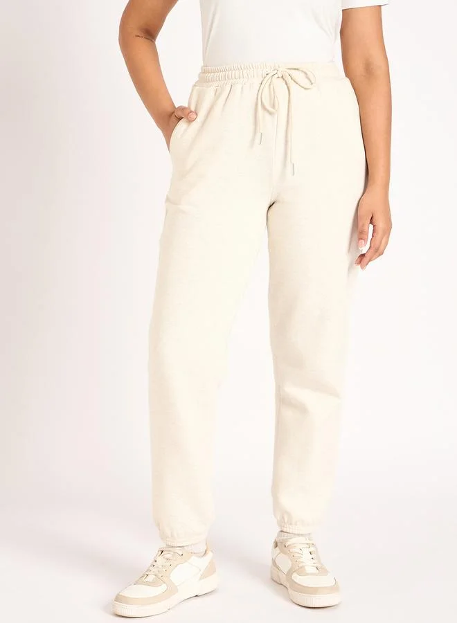 Women Off White Melange Fleece Joggers
