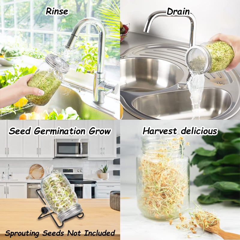 DOUBLE 2 C Sprouting Jar Kit, Wide Mouth Quart Mason Jars with Screen Sprout Lids & Stand, Seeds Germination Growing Kit, Seed Sprouter Set for Growing Organic Broccoli Alfalfa Mung Microgreens Bean (1Pack) - Image 3