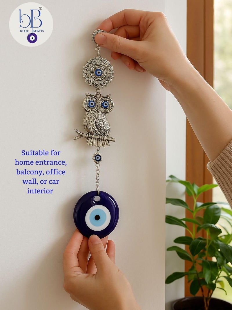BLUE BEADS Metal Home Decor Hanging Wall Hanging Car Hanging with Lucky Owl Blue Evil Eye Decoration, Lucky Hanging Ornament Amulet for Car, Home and Office for Protection and Blessing - Image 3