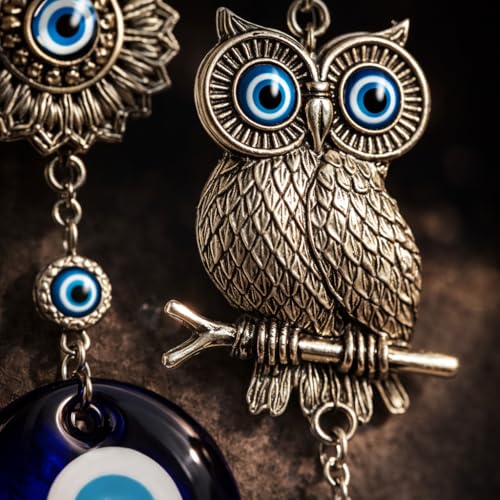 BLUE BEADS Metal Home Decor Hanging Wall Hanging Car Hanging with Lucky Owl Blue Evil Eye Decoration, Lucky Hanging Ornament Amulet for Car, Home and Office for Protection and Blessing - Image 2
