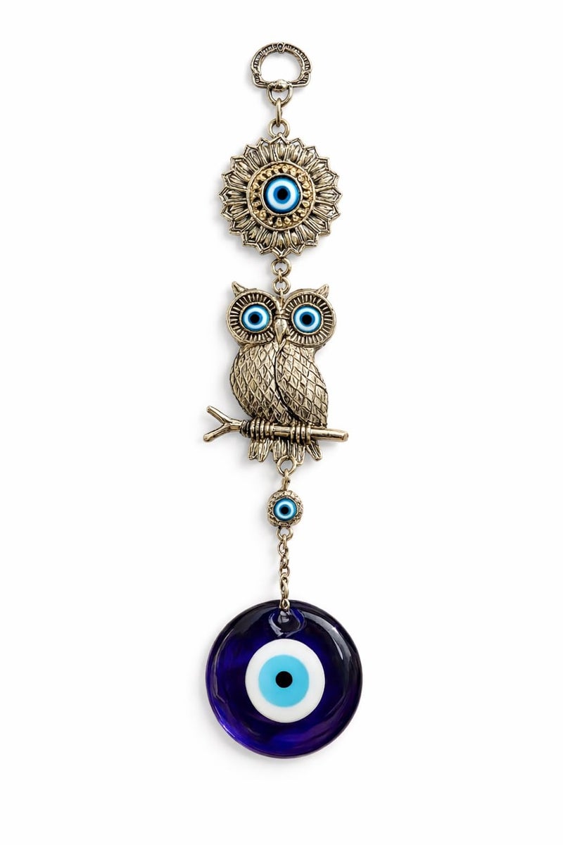 BLUE BEADS Metal Home Decor Hanging Wall Hanging Car Hanging with Lucky Owl Blue Evil Eye Decoration, Lucky Hanging Ornament Amulet for Car, Home and Office for Protection and Blessing - Image 1