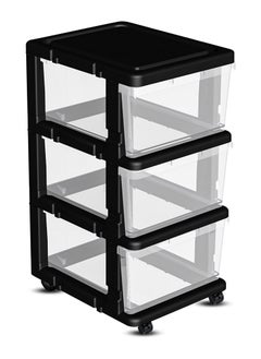 FCG Home, Plastic Chest of Drawers on Wheels, Sturdy Frame, Durable, Large Storage unit for Bedroom, Bathroom, Garage, Office, Clear Plastic storage bins (3 Tier, Black/Clear)