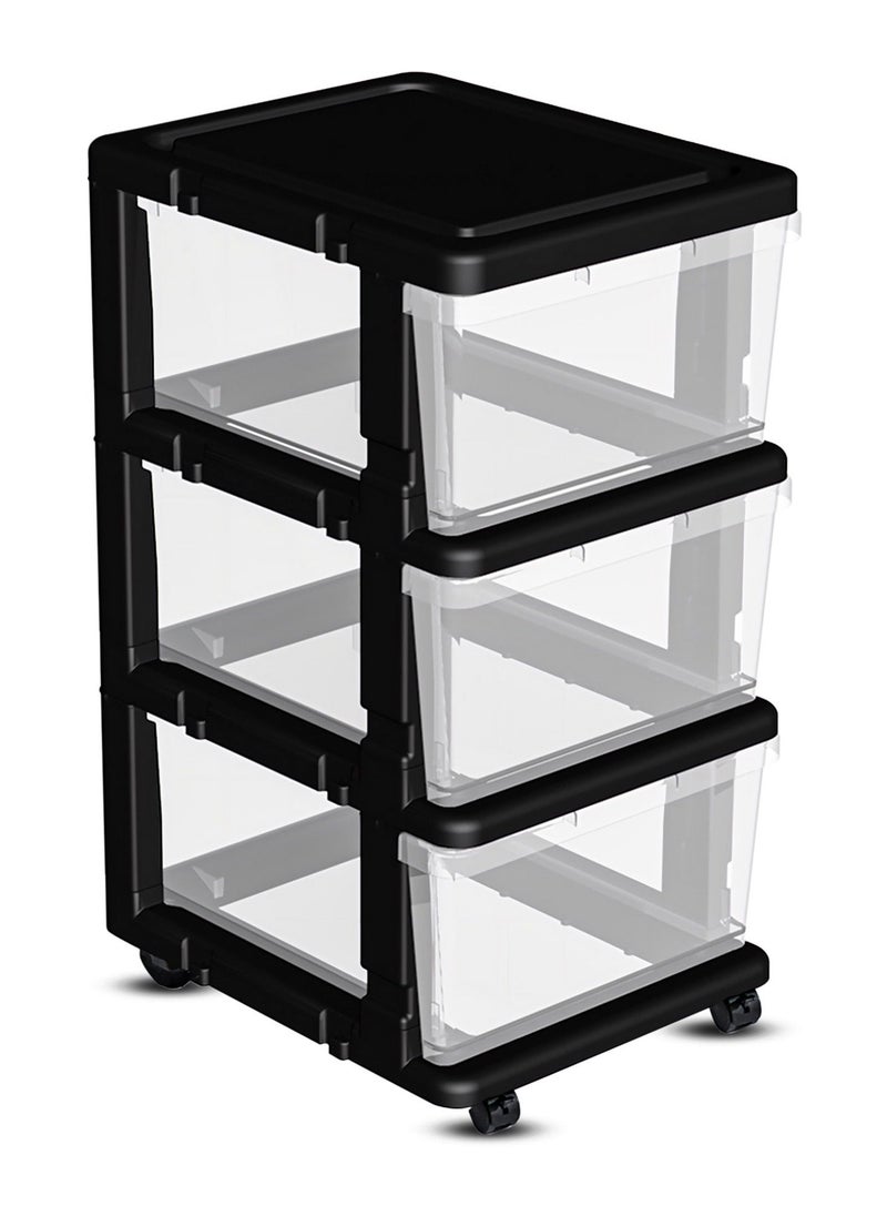 FCG Home - FCG Home, Plastic Chest of Drawers on Wheels, Sturdy Frame, Durable, Large Storage unit for Bedroom, Bathroom, Garage, Office, Clear Plastic storage bins (3 Tier, Black/Clear) - Image 1