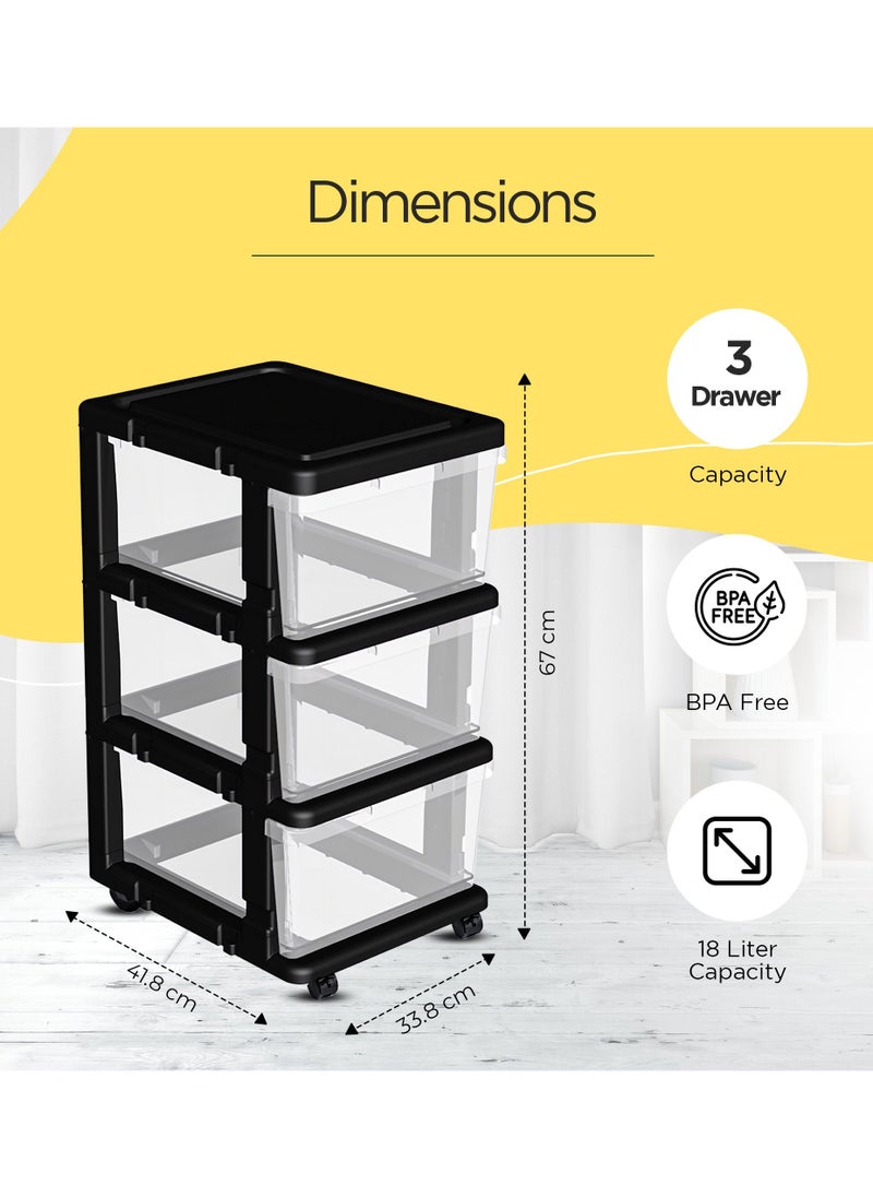 FCG Home - FCG Home, Plastic Chest of Drawers on Wheels, Sturdy Frame, Durable, Large Storage unit for Bedroom, Bathroom, Garage, Office, Clear Plastic storage bins (3 Tier, Black/Clear) - Image 1
