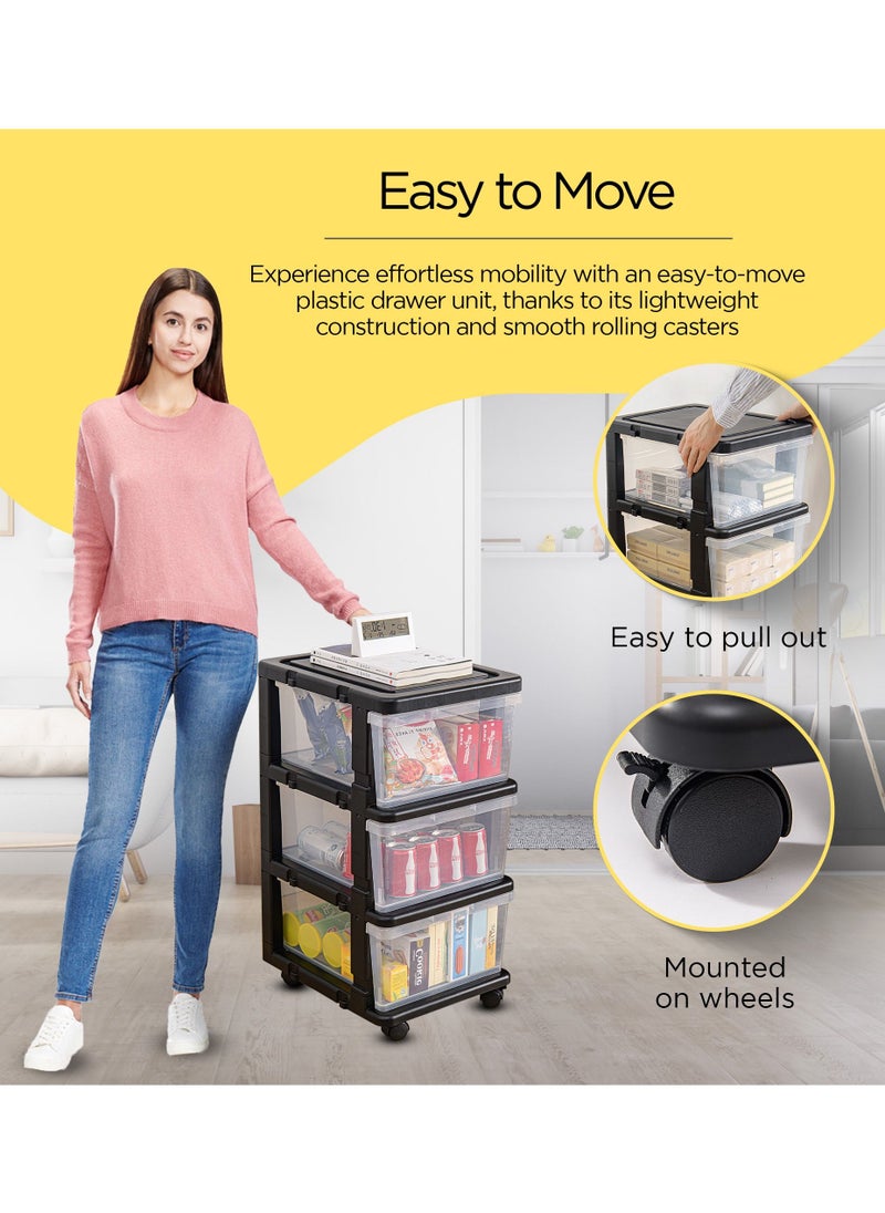 FCG Home - FCG Home, Plastic Chest of Drawers on Wheels, Sturdy Frame, Durable, Large Storage unit for Bedroom, Bathroom, Garage, Office, Clear Plastic storage bins (3 Tier, Black/Clear) - Image 1