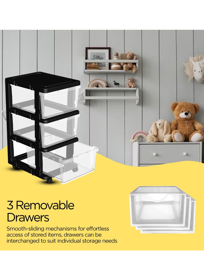 FCG Home - FCG Home, Plastic Chest of Drawers on Wheels, Sturdy Frame, Durable, Large Storage unit for Bedroom, Bathroom, Garage, Office, Clear Plastic storage bins (3 Tier, Black/Clear) - Image 1