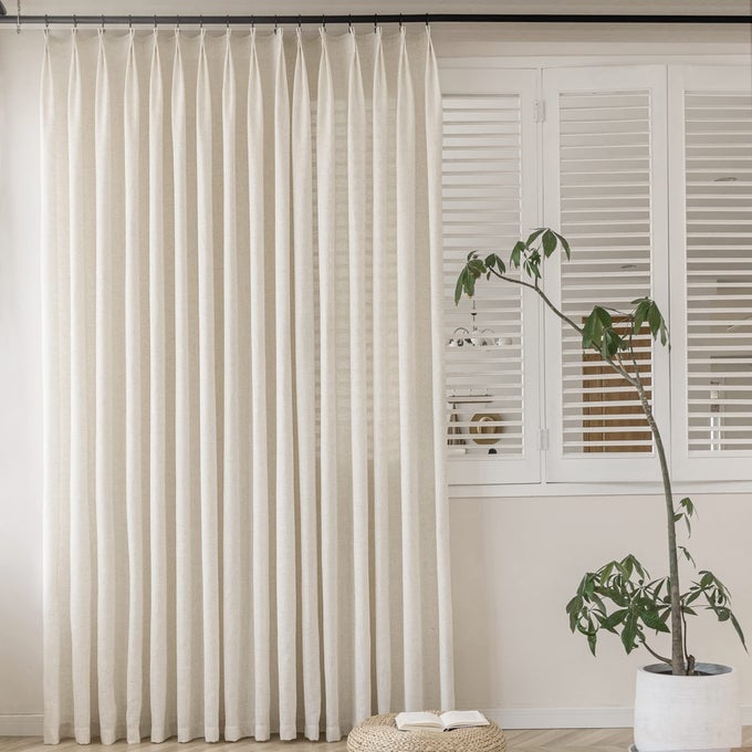 FAUX LINEN SEMI SHEER PINCH PLEATED DRAPES FOR LIVING ROOM LIGHT FILTERING PLEATED CURTAIN PANELS 96 INCHES LONG WITH HOOKS FOR TRAVERSE ROD LINEN 1 PANEL 72 W X 96 L
