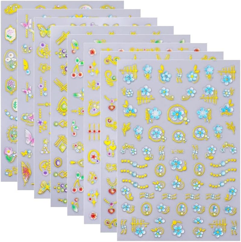Sevgob 16Sheets Gold Nail Stickers Laser 5D Embossed Nail Decals Gem Flower Nail Designs Spring Summer Nails Supplies 3D Self-Adhesive Colorful Butterfly Fruits Nails Stickers Decals for Women DIY Manicure - Image 5
