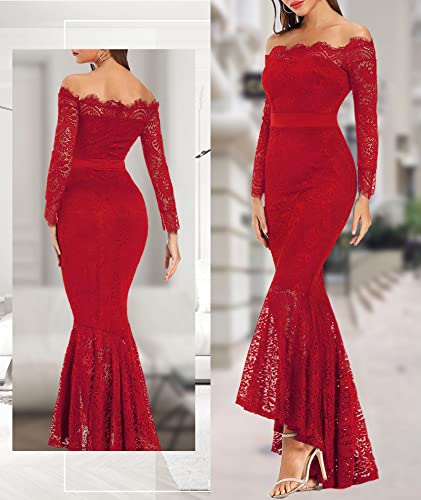 LALAGEN Women's Floral Lace Long Sleeve Off Shoulder Wedding Mermaid Dress Red XL-R-1111 - Image 4