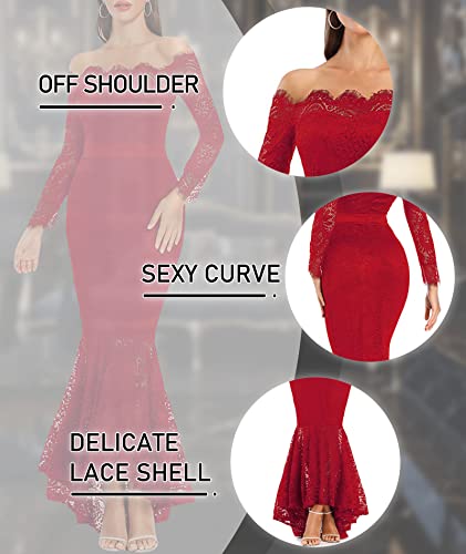 LALAGEN Women's Floral Lace Long Sleeve Off Shoulder Wedding Mermaid Dress Red XL-R-1111 - Image 5