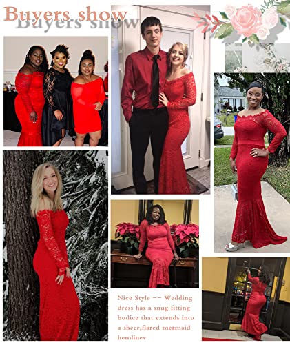LALAGEN Women's Floral Lace Long Sleeve Off Shoulder Wedding Mermaid Dress Red XL-R-1111 - Image 3
