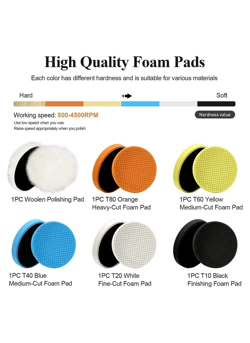 6 Pcs 6 inches 165mm Face for 6 Inch Backing Plate Compound Buffing Sponge and Woolen Pads Cutting Polishing Pad Kit for Car Buffer Polisher, Polishing and Waxing