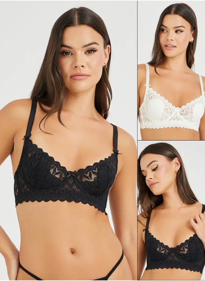 ستايلي Styli Pack of 2 - Padded Wired Scallop Edge Double Strap Bra with Bow Detail