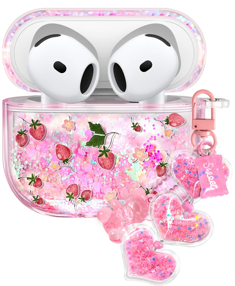 Joyleop for Airpods 4 Case - Cute Girly Quicksand Liquid for Women Girl Pretty Aesthetic Shiny Bling Stylish Strawberry Design Protective Case for Airpods 4th Generation 2024 Cover with Keychian - Image 1