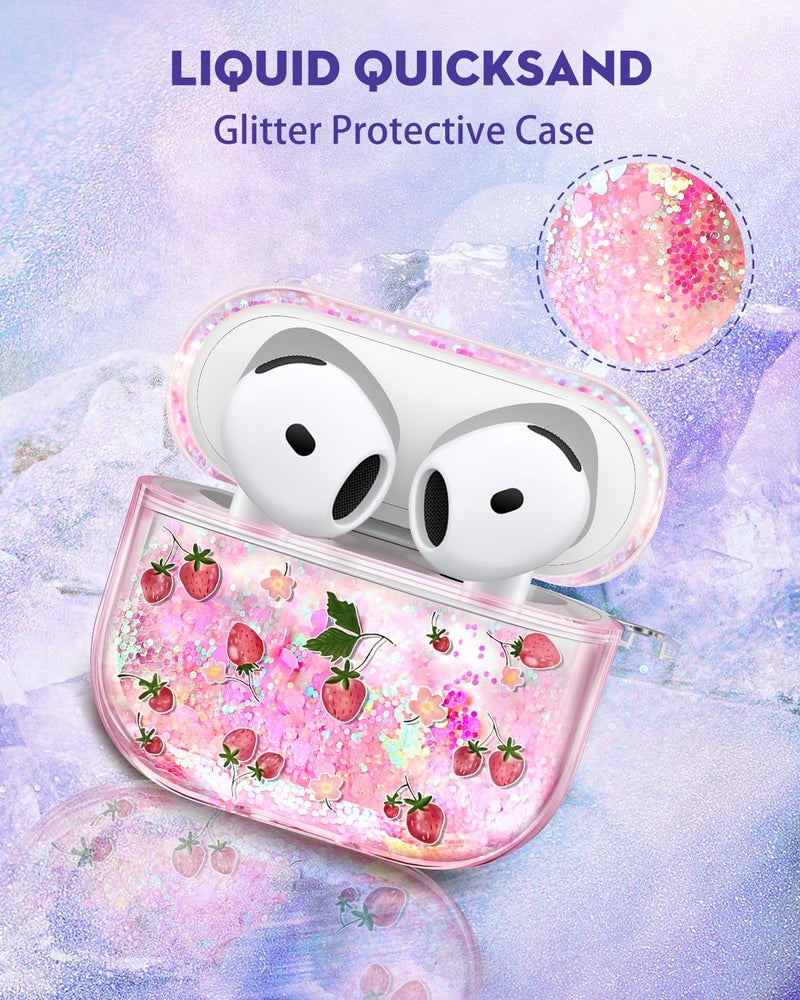 Joyleop for Airpods 4 Case - Cute Girly Quicksand Liquid for Women Girl Pretty Aesthetic Shiny Bling Stylish Strawberry Design Protective Case for Airpods 4th Generation 2024 Cover with Keychian - Image 3