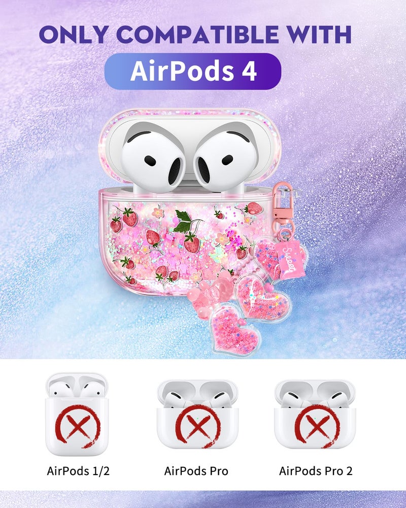 Joyleop for Airpods 4 Case - Cute Girly Quicksand Liquid for Women Girl Pretty Aesthetic Shiny Bling Stylish Strawberry Design Protective Case for Airpods 4th Generation 2024 Cover with Keychian - Image 2