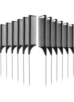 Patelai 12 Pieces Rat Tail Comb Carbon Fiber Parting Set Stainless Steel Tail Hair Comb Heat Resistant Teasing for Braid Hair Salon Home Use 