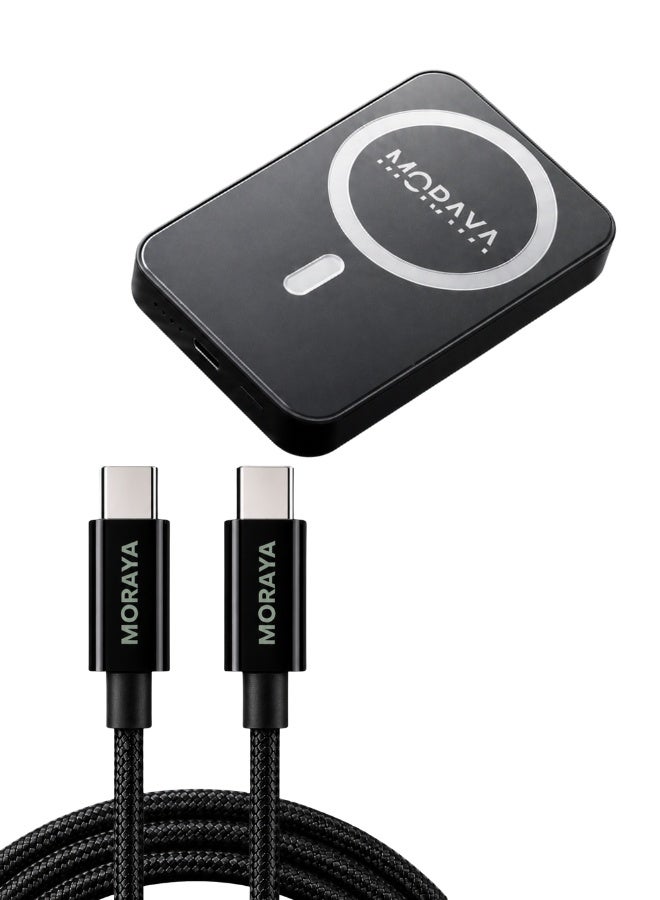 MORAYA Cell-01 10000mAh MagSafe Wireless Power Bank with Vector-01 USB-C to USB-C Cable, 15W Magnetic Wireless Charging & 20W PD Fast Charging Portable Charger with 60W Braided Type-C Cable for iPhone 15/16/17, Samsung & USB-C Devices