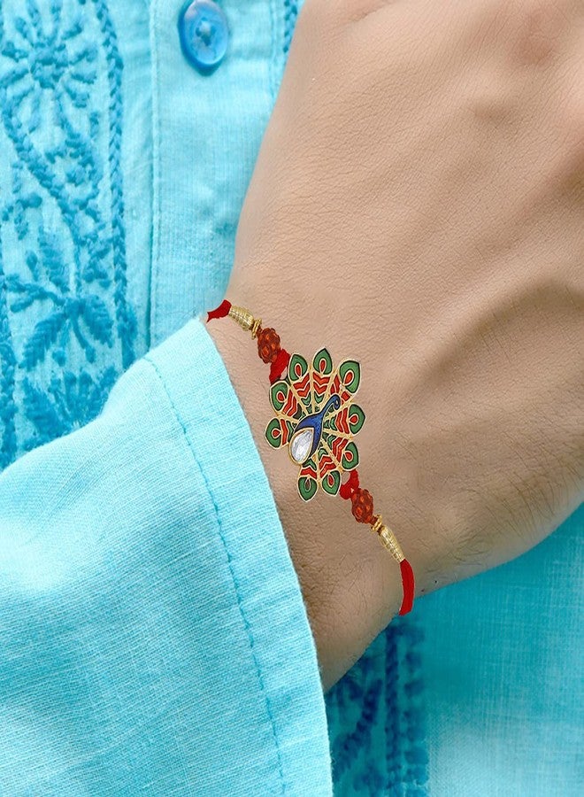 طقم أساور/راخي مطلية بالذهب من أوم جويلز، بتصميم طاووس ريشي، مع طبق غانيشا بوجا/تيلك مبارك للأخ - مجموعة من 3 قطع - Image 4