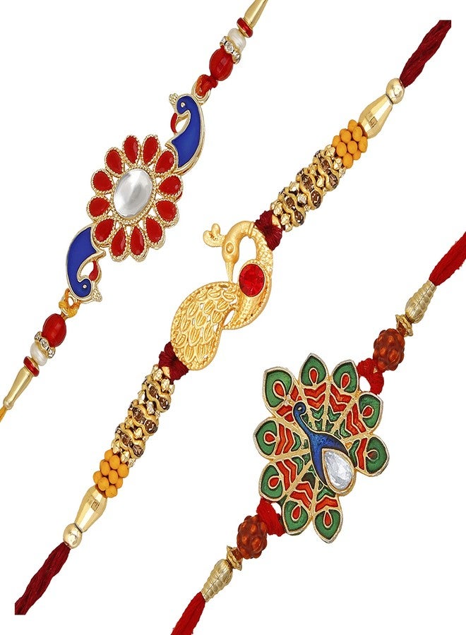 طقم أساور/راخي مطلية بالذهب من أوم جويلز، بتصميم طاووس ريشي، مع طبق غانيشا بوجا/تيلك مبارك للأخ - مجموعة من 3 قطع - Image 1