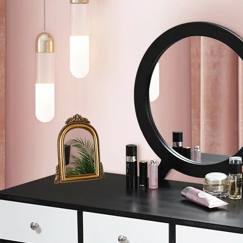 OIGUMR Gold Ornate Baroque Mirror Vanity Desk Table Mirror Arched Makeup Mirror Antique Mirror with Resin Frame 9.6X6.5 inch - Image 5