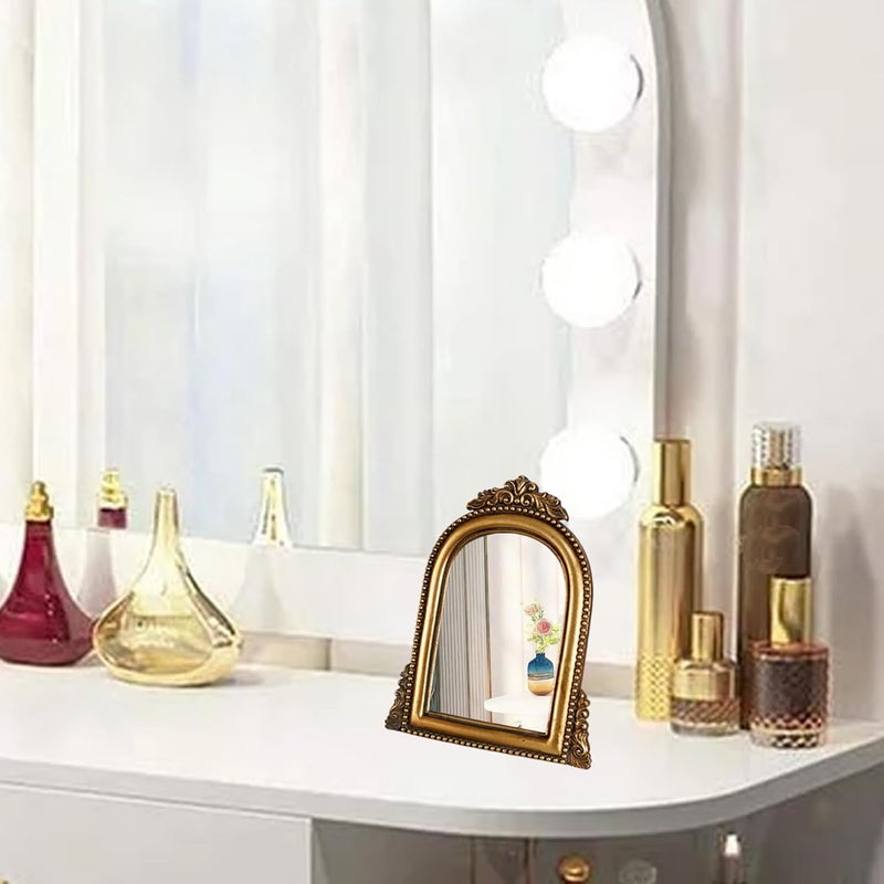 OIGUMR Gold Ornate Baroque Mirror Vanity Desk Table Mirror Arched Makeup Mirror Antique Mirror with Resin Frame 9.6X6.5 inch - Image 3