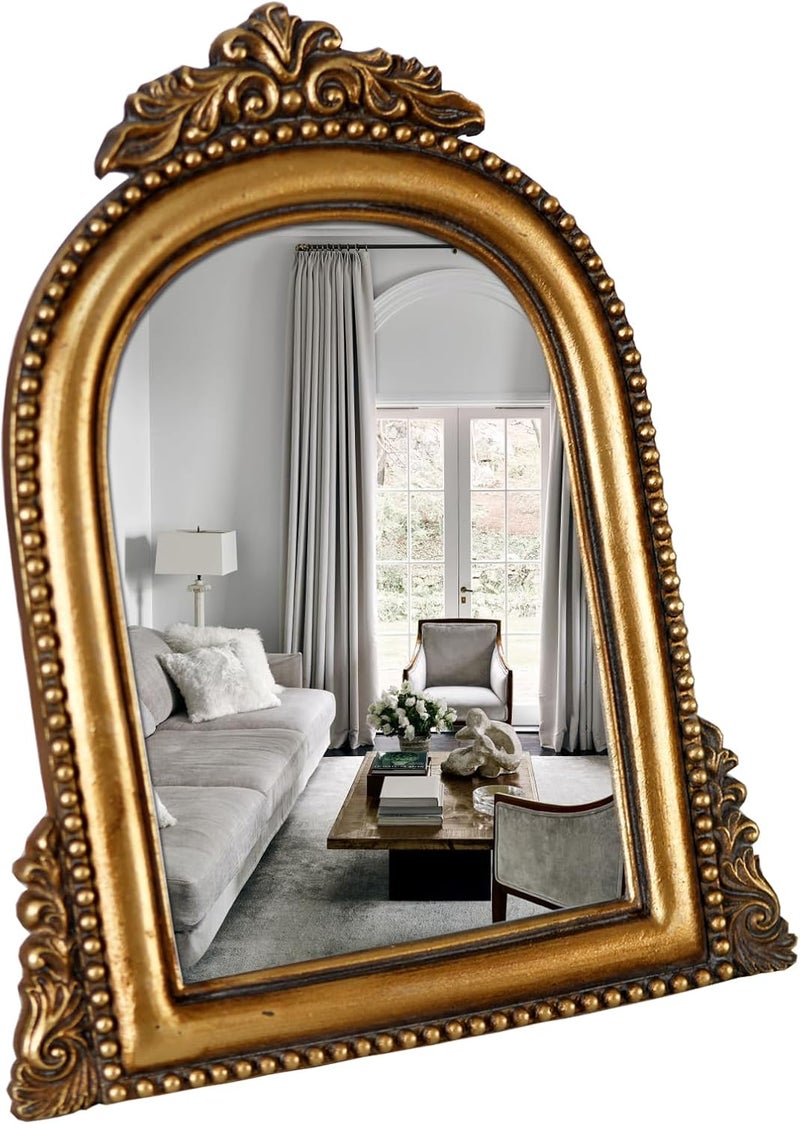 OIGUMR Gold Ornate Baroque Mirror Vanity Desk Table Mirror Arched Makeup Mirror Antique Mirror with Resin Frame 9.6X6.5 inch - Image 1