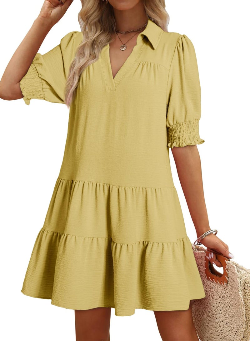 Dokotoo Womens Summer Dresses Boho Plus Size Mini Dress 2026 Casual Dresses for Women Short Sleeve Lapel Collared V Neck Solid Beach Dresses Texture Women's Clothing Yellow Cream - Image 1