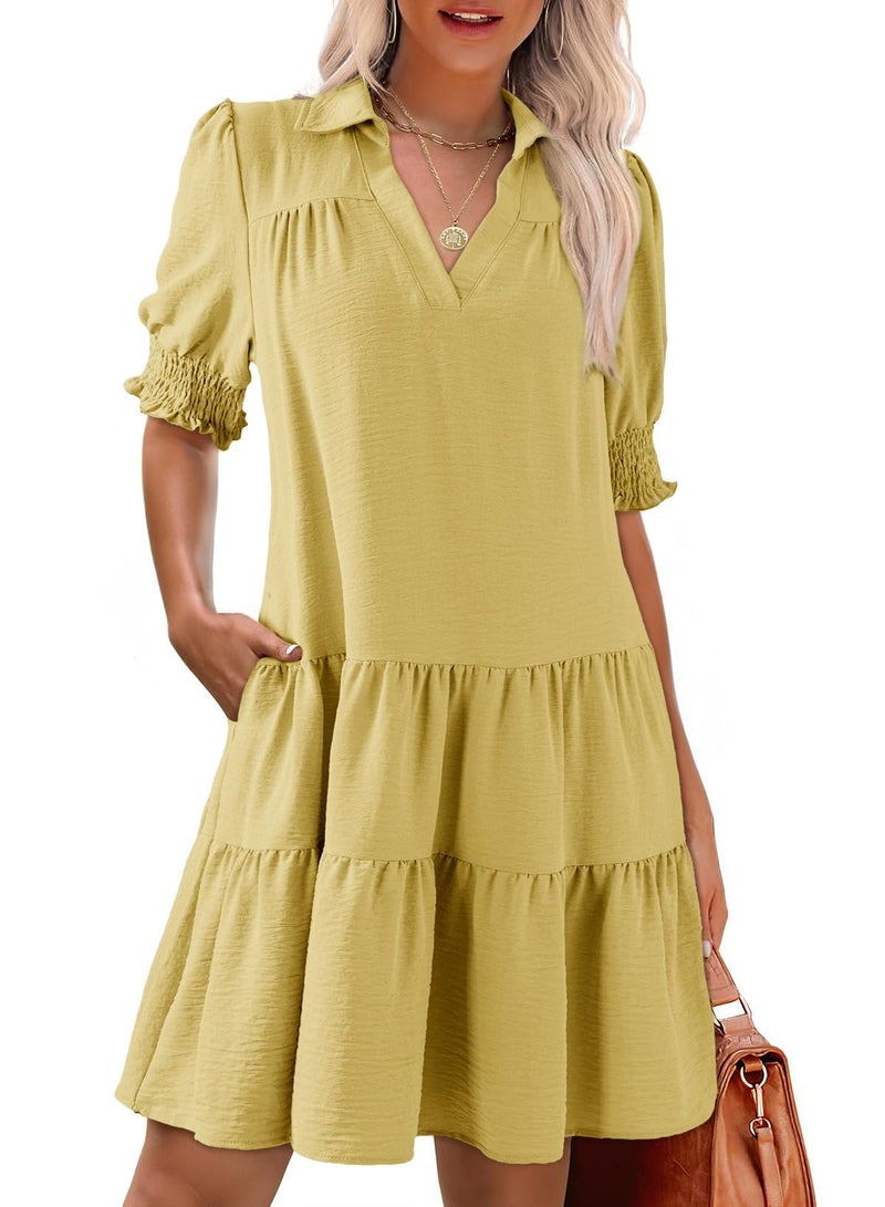 Dokotoo Womens Summer Dresses Boho Plus Size Mini Dress 2026 Casual Dresses for Women Short Sleeve Lapel Collared V Neck Solid Beach Dresses Texture Women's Clothing Yellow Cream - Image 2