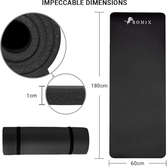 ROMIX Yoga Mat 10Mm Extra Thick Non-Slip Unisex Exercise Mat 180X60Cm, Multi-Purpose Nbr Foam Fitness Mat With Carry Bag & Strap For Yoga, Pilates, Stretching, Gymnastics, Meditation & Home Workout (Black) - Image 2