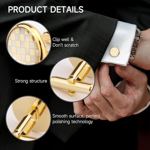 UJOY Men's Cufflinks - Gold Plated, Chessboard Design, Round Shape, Suitable for Business Wedding Dinner Formal Dress, with Gift Box - Image 3